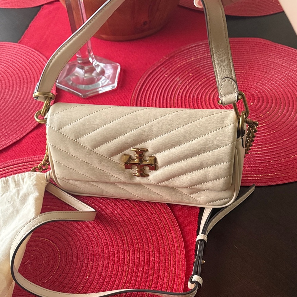 Tory Burch Beige Quilted Kira Shoulder Bag with Adjustable Strap